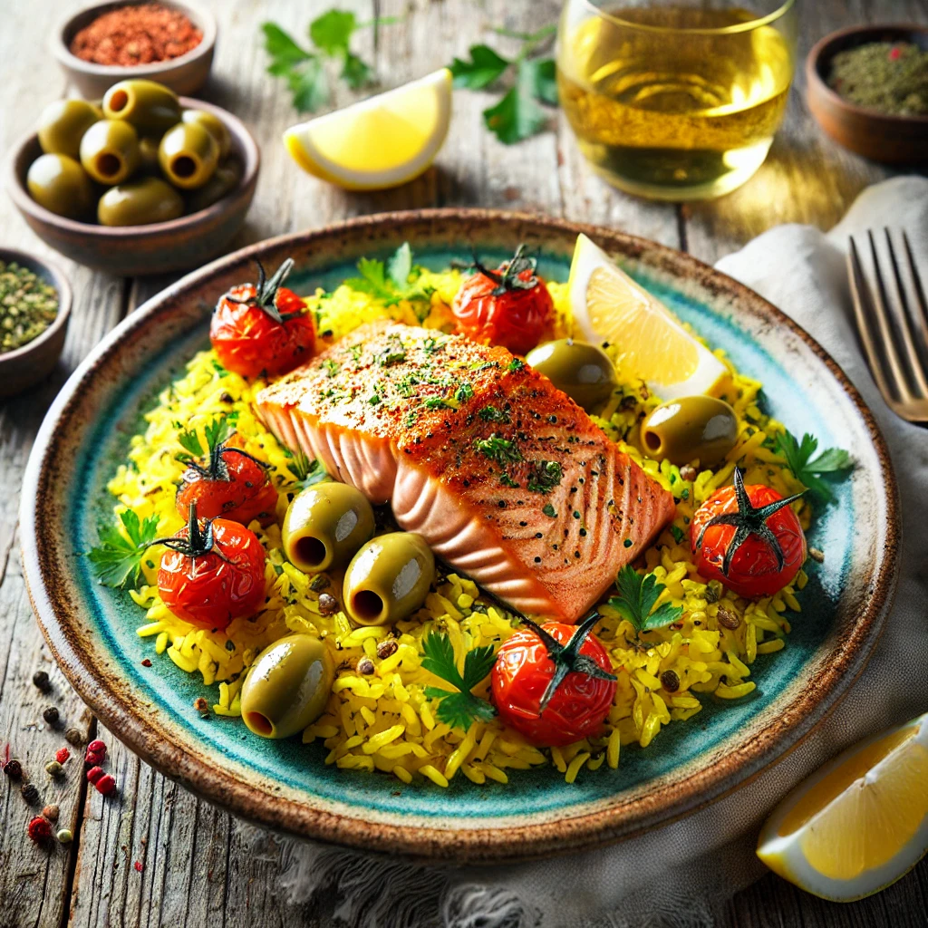 A beautifully plated Spanish-inspired salmon dish with golden seared salmon fillets served over vibrant yellow saffron rice.