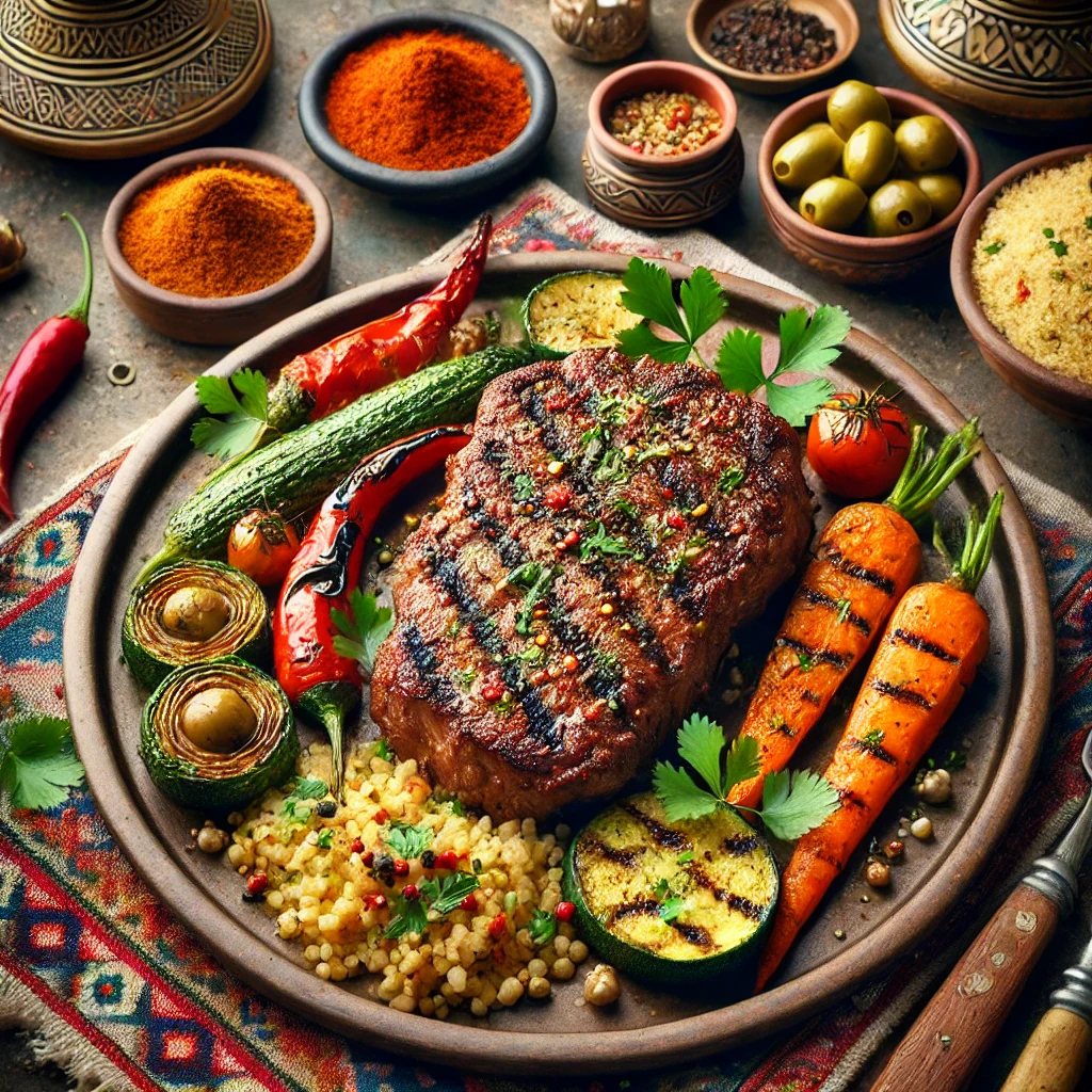 Moroccan steak recipe presentation with a perfectly grilled steak