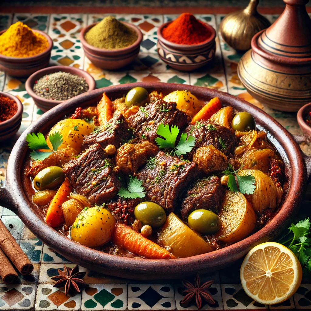 A traditional Moroccan beef tajine featuring slow-cooked beef