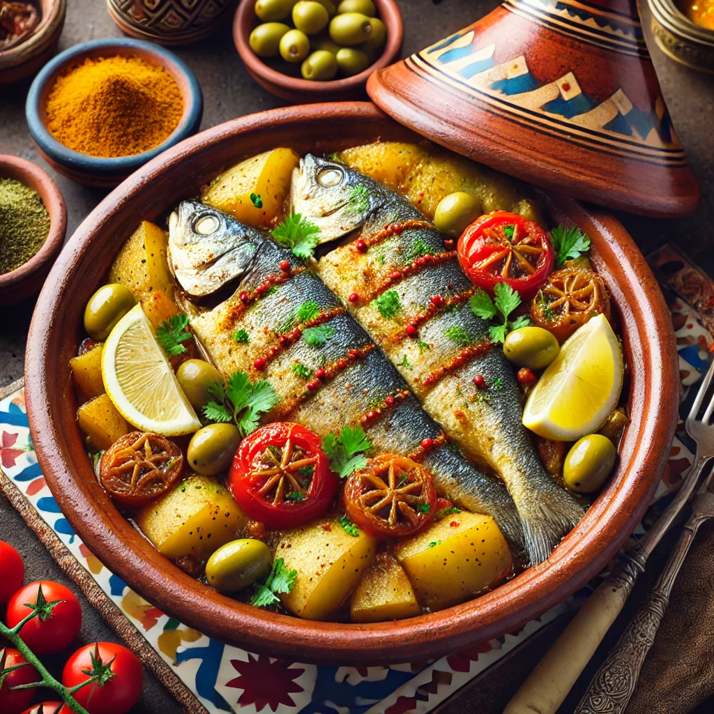 A traditional Moroccan fish tajine featuring fresh fish fillets