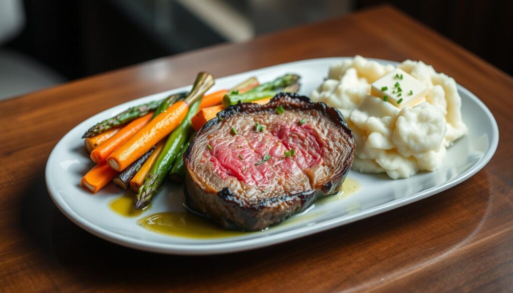 Beef round steak with side dishes