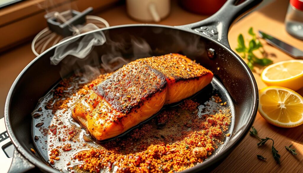 Blackened salmon cooking