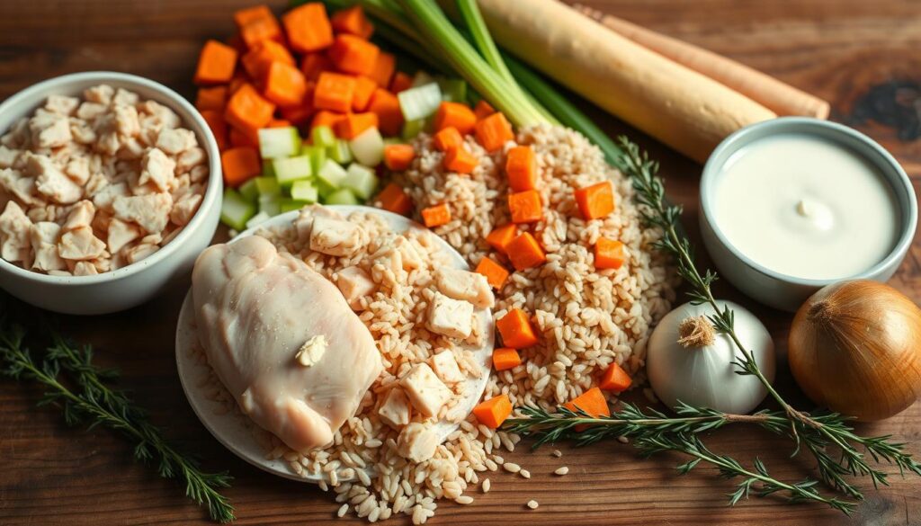 Essential ingredients for creamy chicken wild rice soup