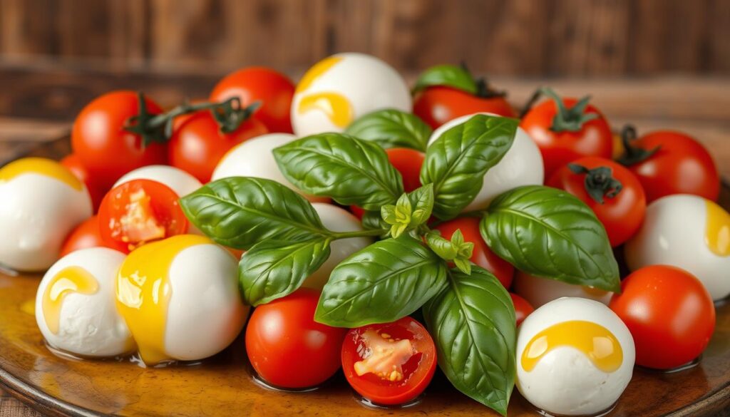 mozzarella, tomatoes, basil, olive oil