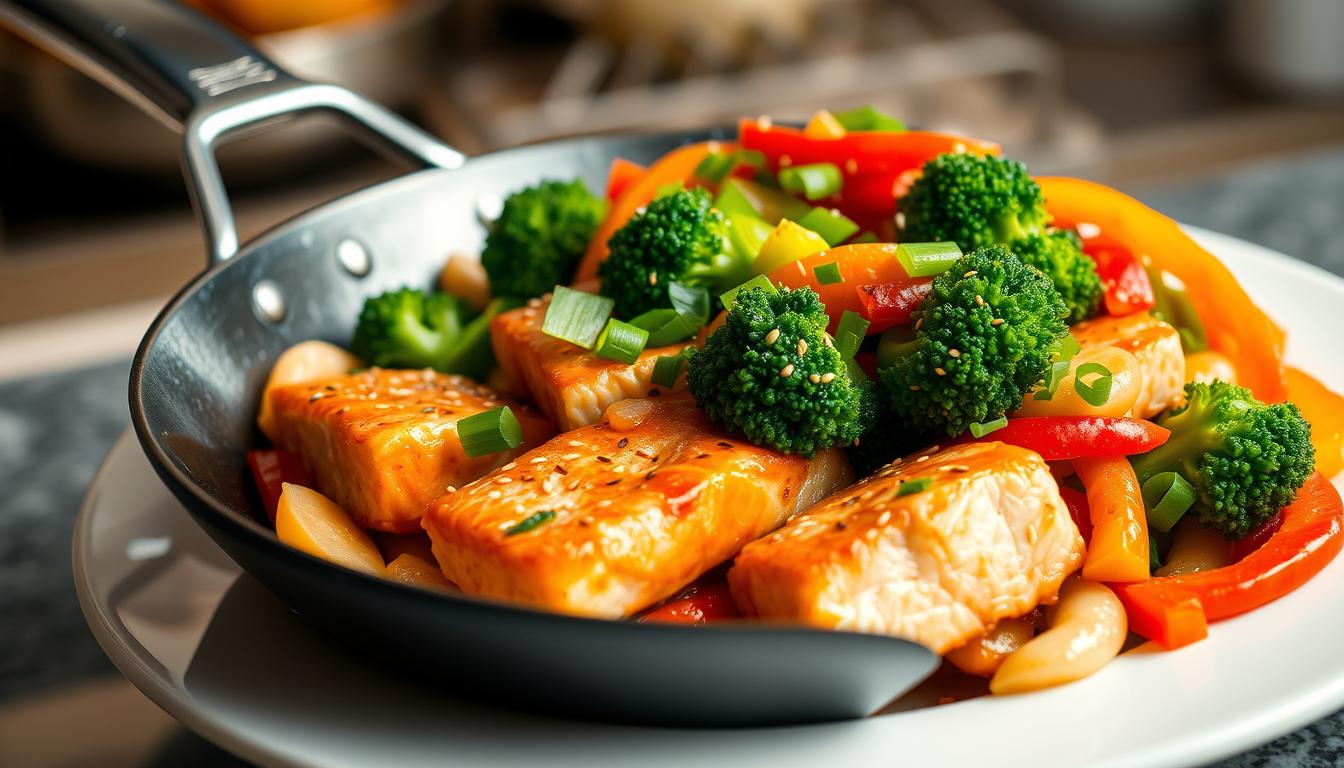 Salmon stir-fry with broccoli