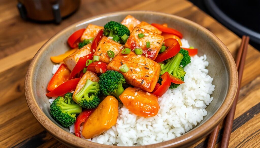 Salmon stir-fry with rice and vegetables